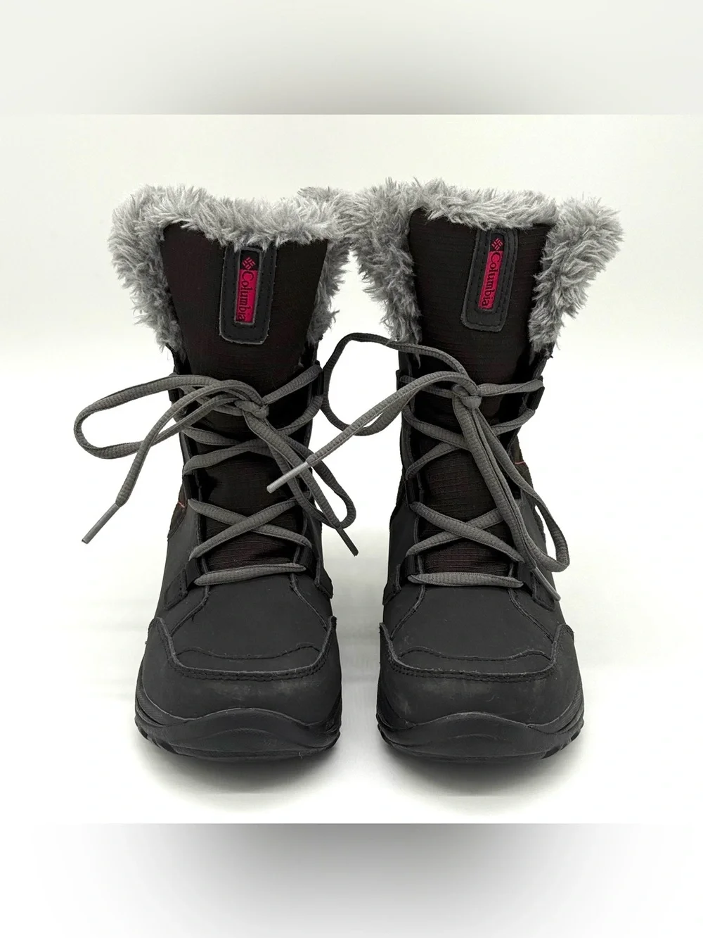 GUC Columbia Girls Ice Maiden Lace Up Quilted Faux Fur Black Winter Snow Boots 2
